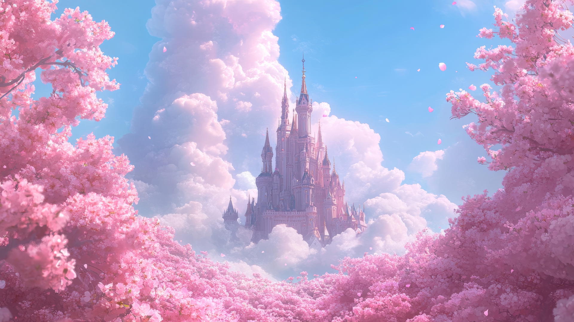aesthetic pink wallpaper of whimsical pink castle with cherry blossoms