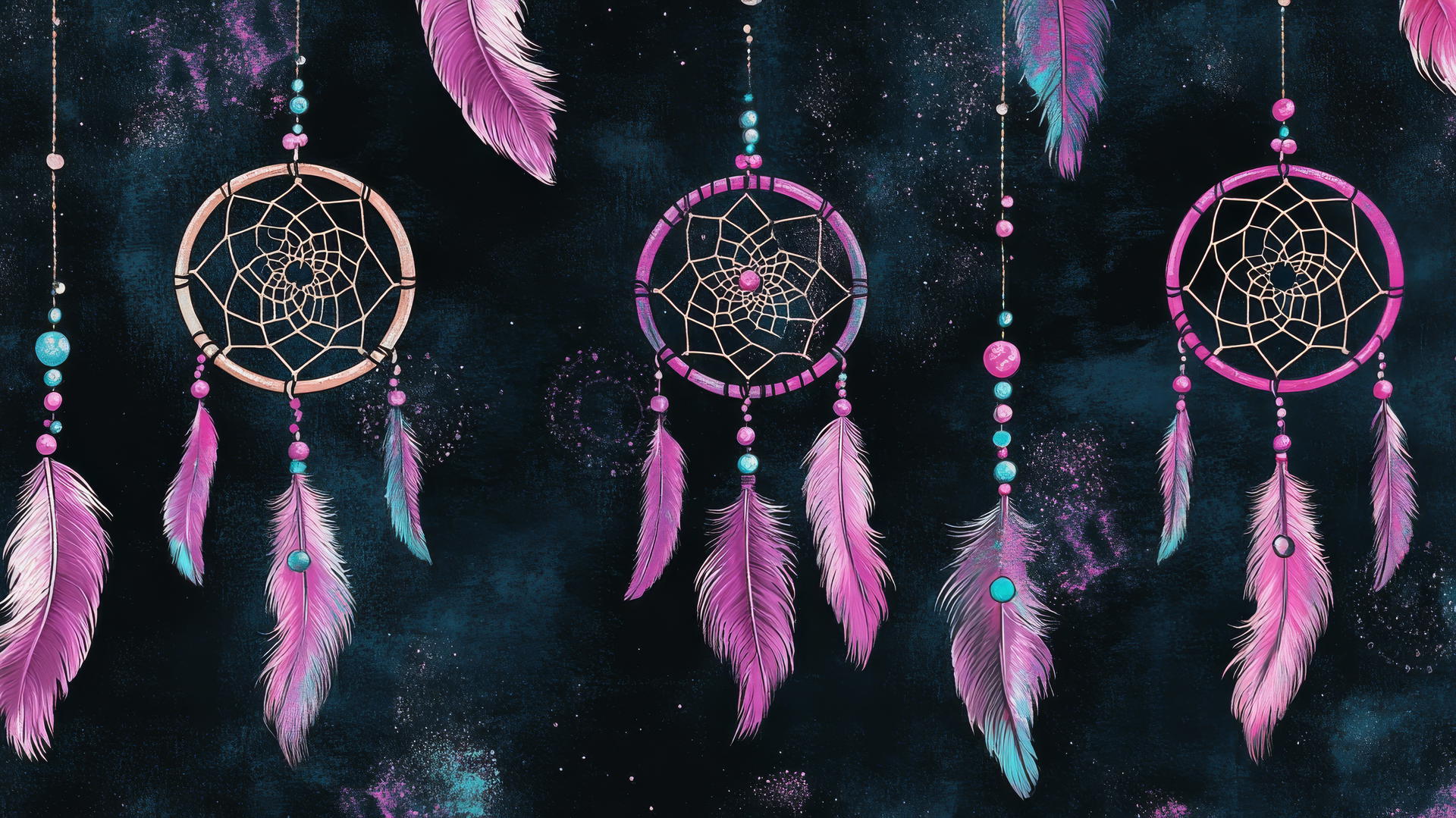 Black wallpaper for girls with pastel pink and purple dreamcatchers, beads, and feathers.