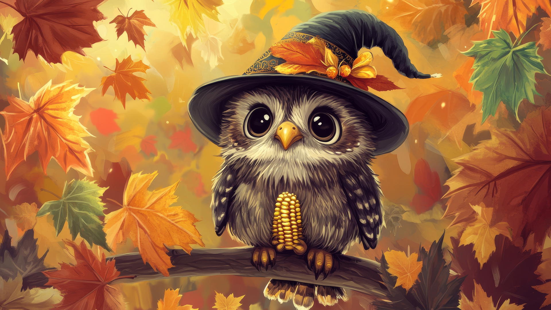 Wallpaper cute thanksgiving backgrounds with baby owl holding corn cob