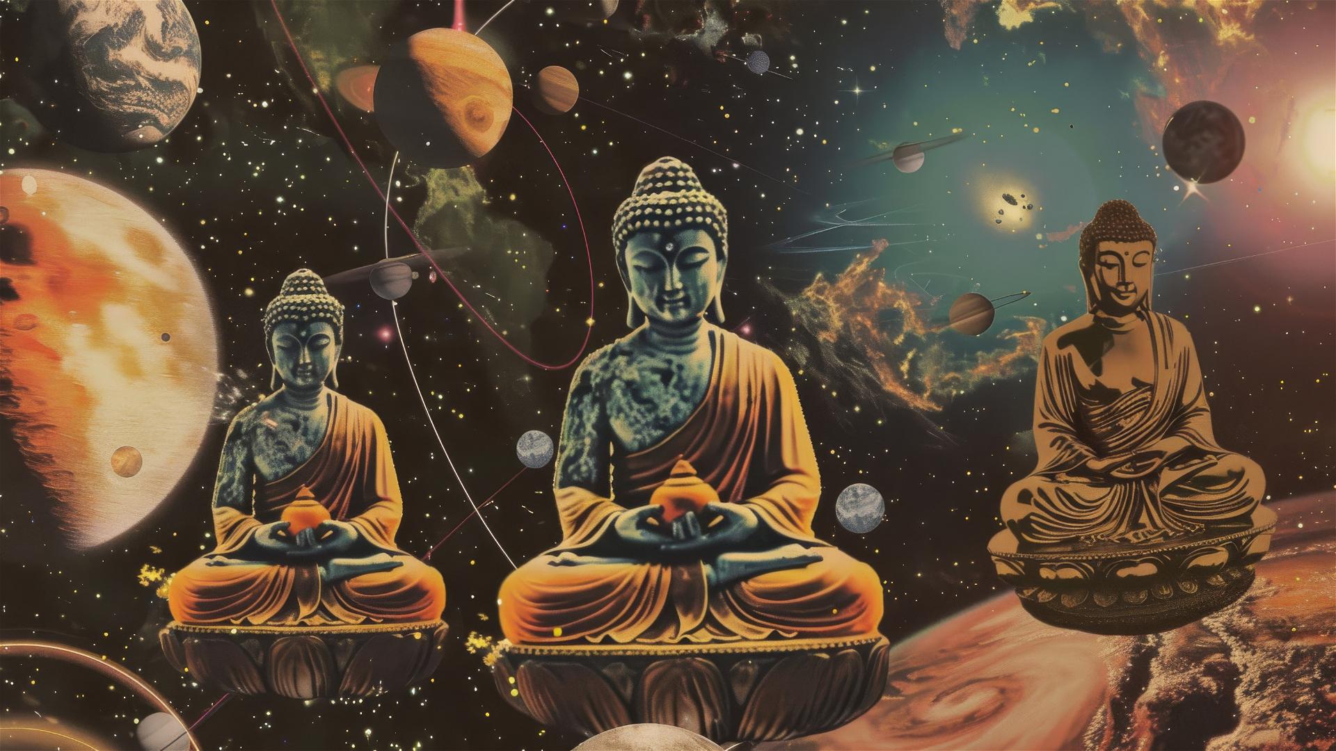 Space Buddhas floating before the solar system, styled as a 50s pulp novel.