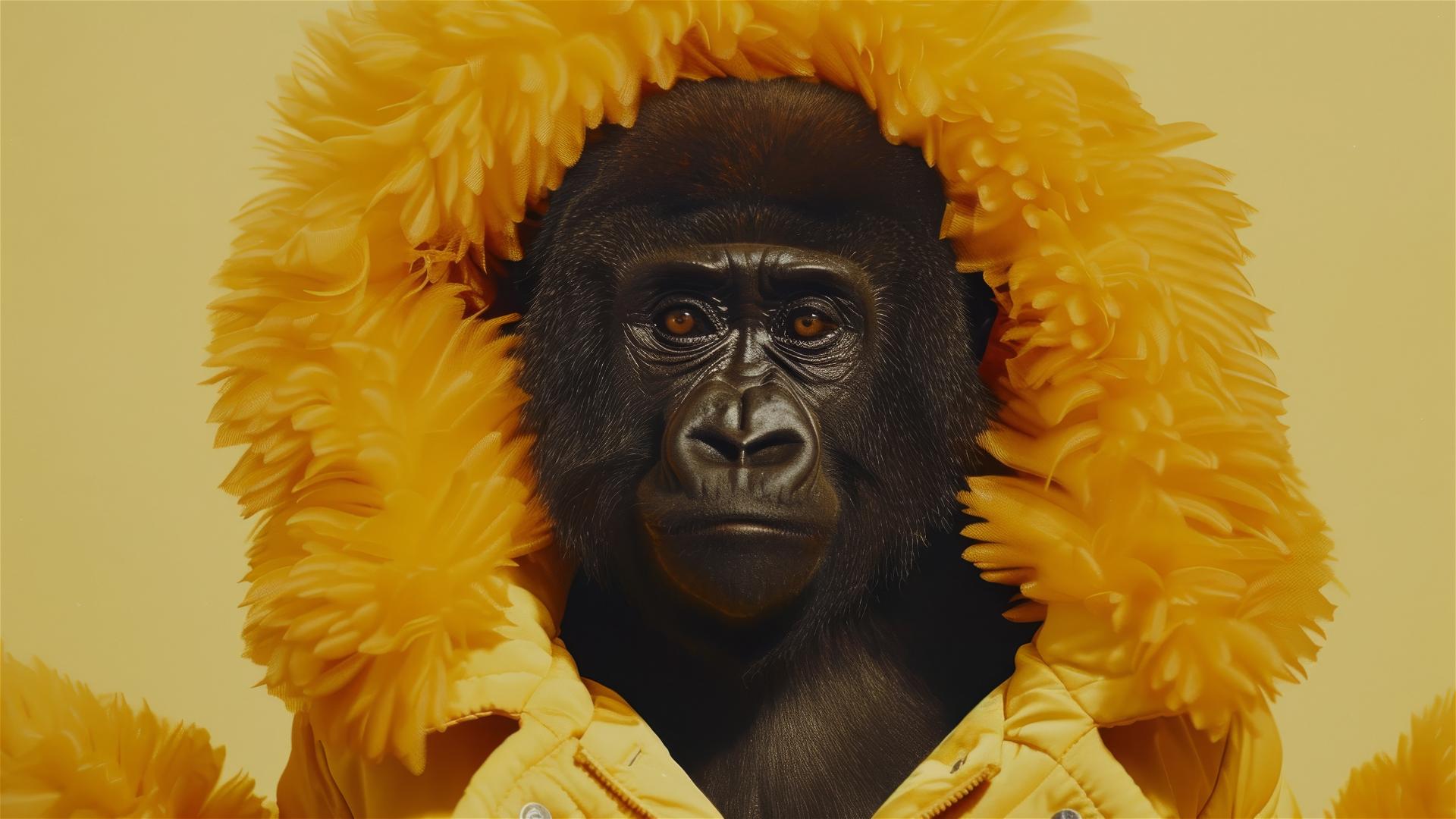 Yellow gorilla in golden outfit against yellow backdrop, studio portrait style.