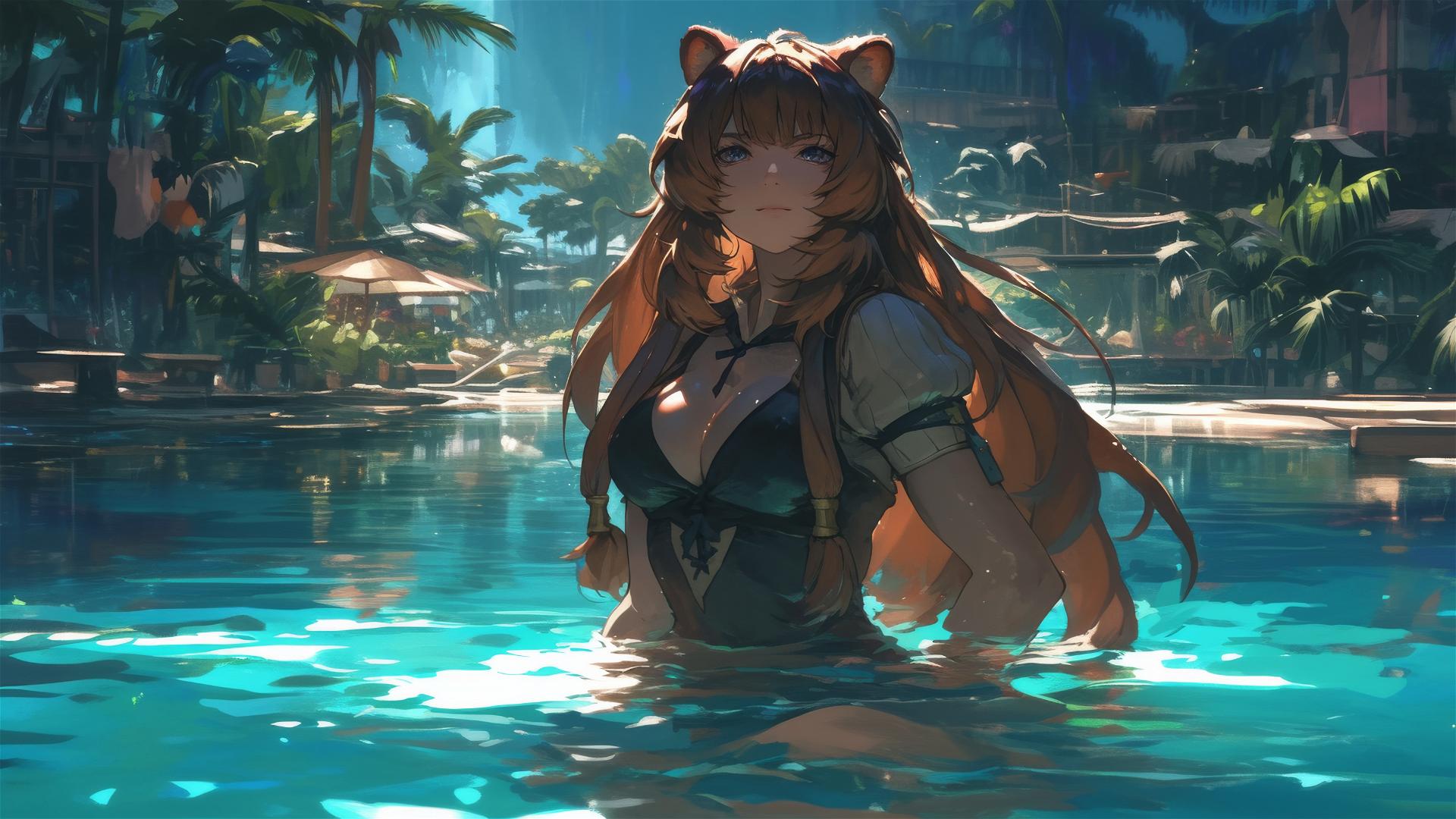 Raphtalia from The Rising of the Shield Hero standing in a pool under moonlight