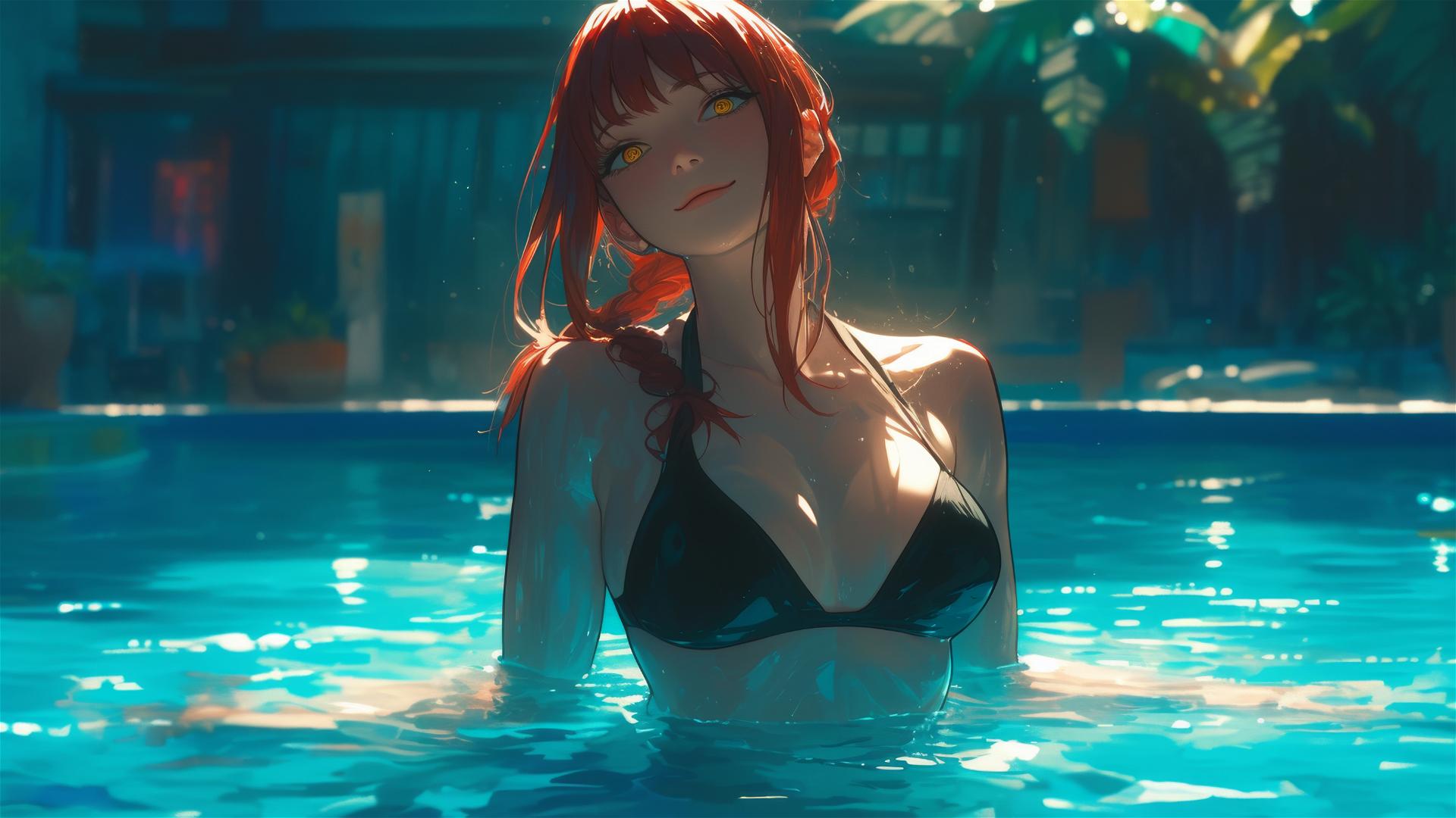 Makima from Chainsaw Man standing in a pool under moonlight, red hair glowing