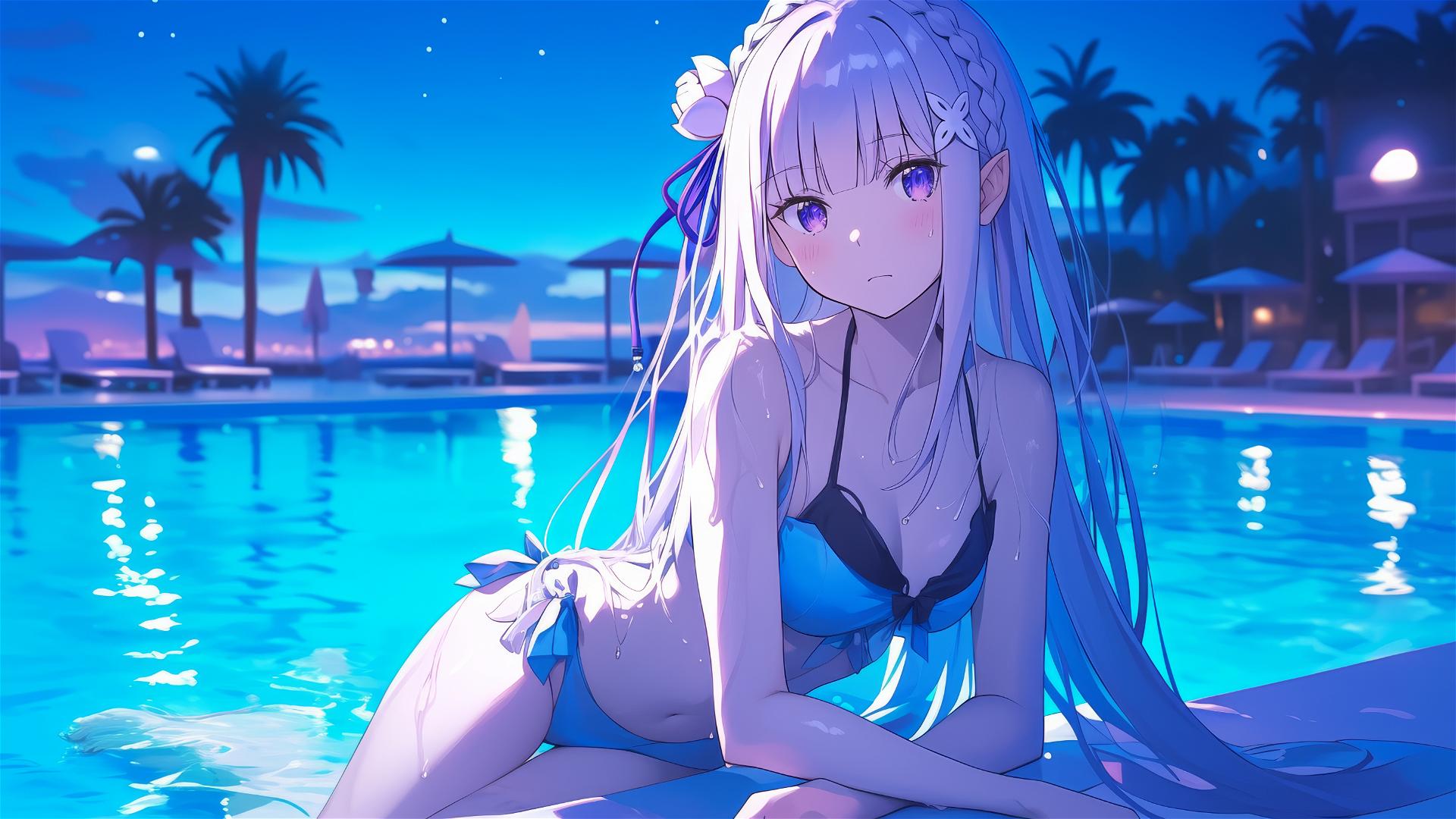 Emilia from Re:Zero relaxing by pool under moonlight