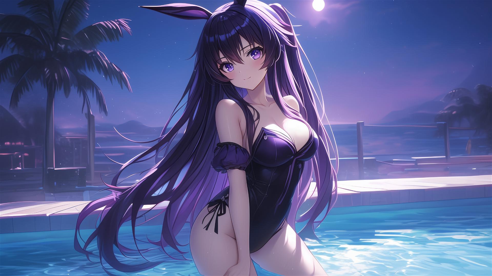 Tohka Yatogami from Date A Live in pool, moonlit, purple hair, bunny girl style.