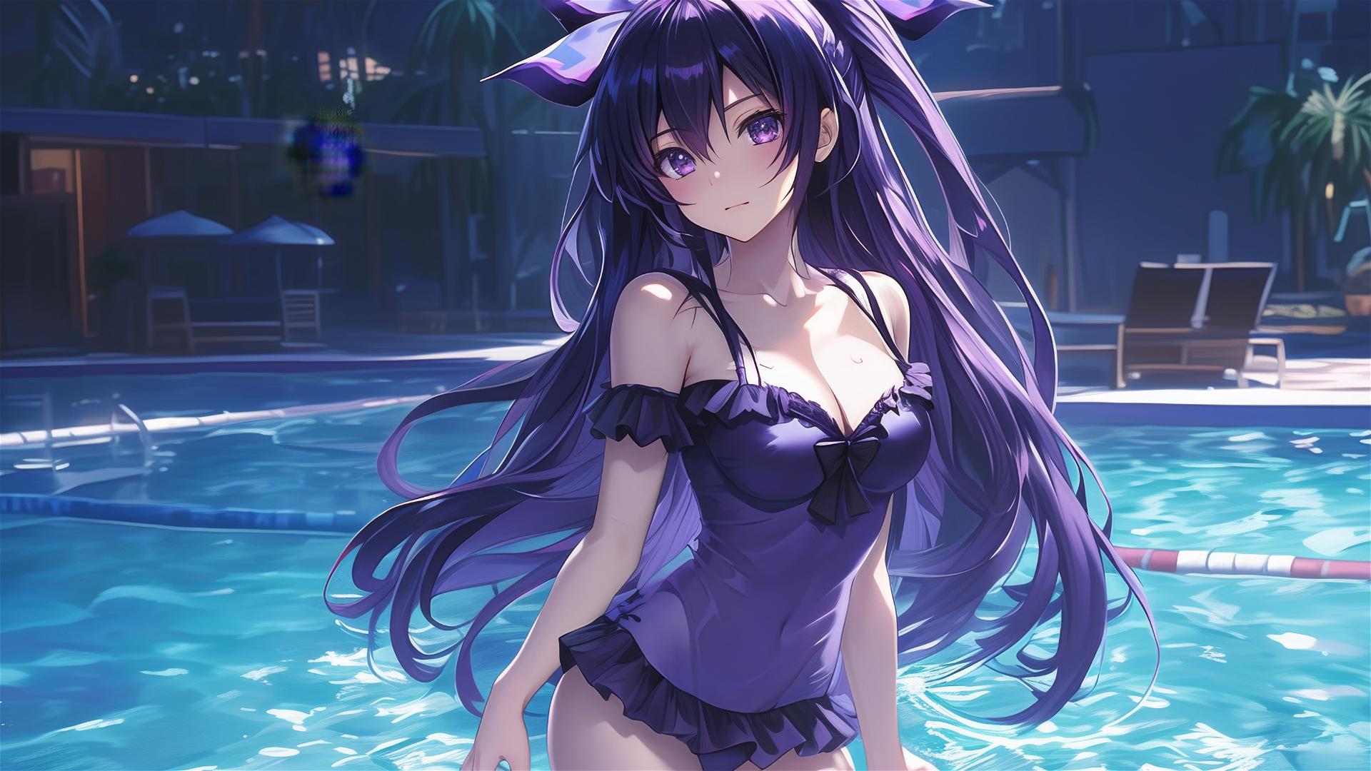 Tohka Yatogami from Date A Live in pool with moonlit glow