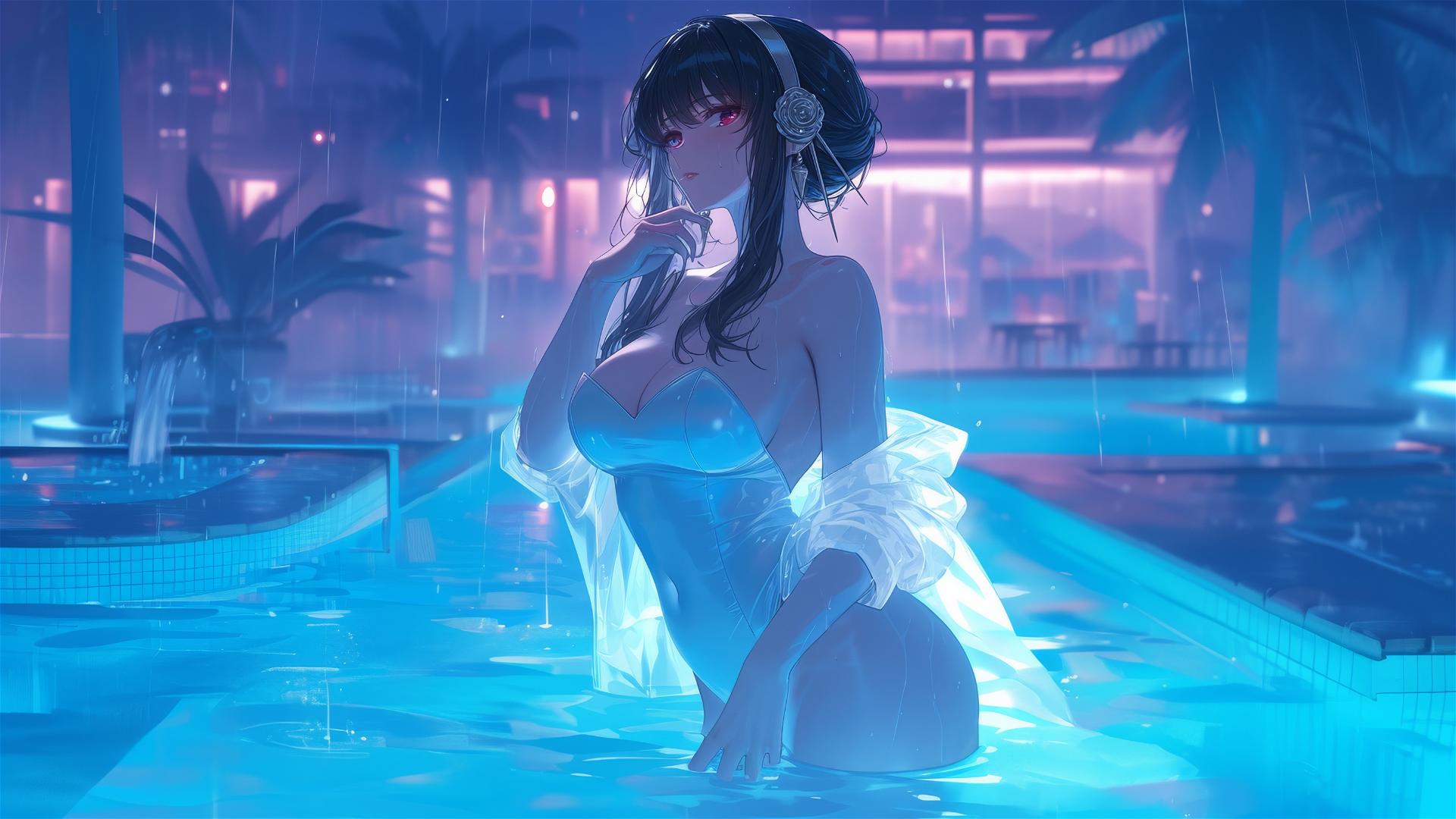 Yor Forger from Spy x Family, in bunny girl outfit, standing in pool under moonlight on a rainy day