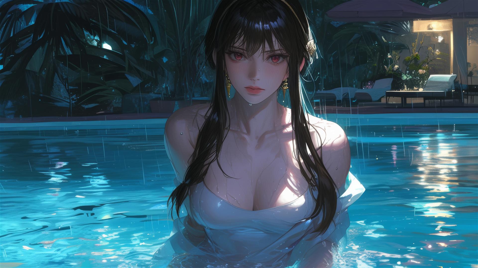 Yor Forger from Spy x Family dressed as a bunny girl in white, standing in a pool under moonlight on a rainy day.