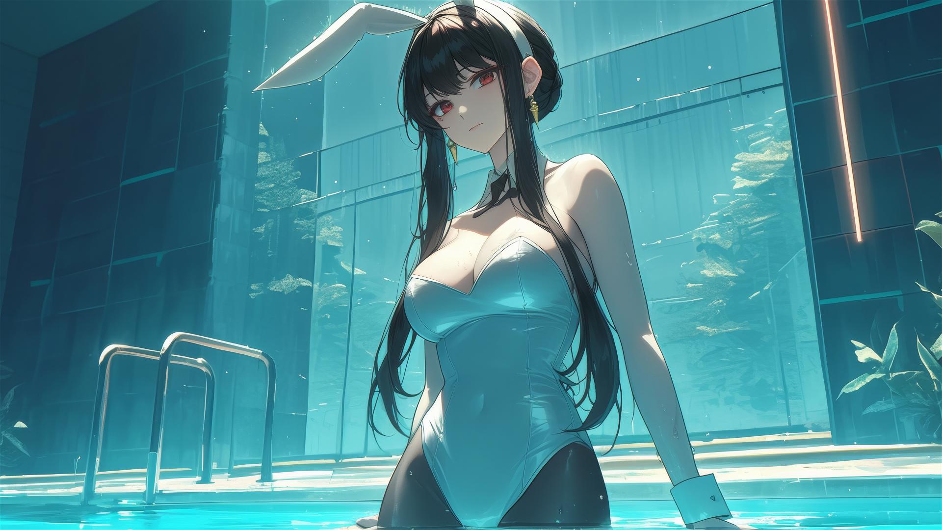 Yor Forger from Spy x Family in white bunny outfit, standing in a pool under moonlight on a rainy day.
