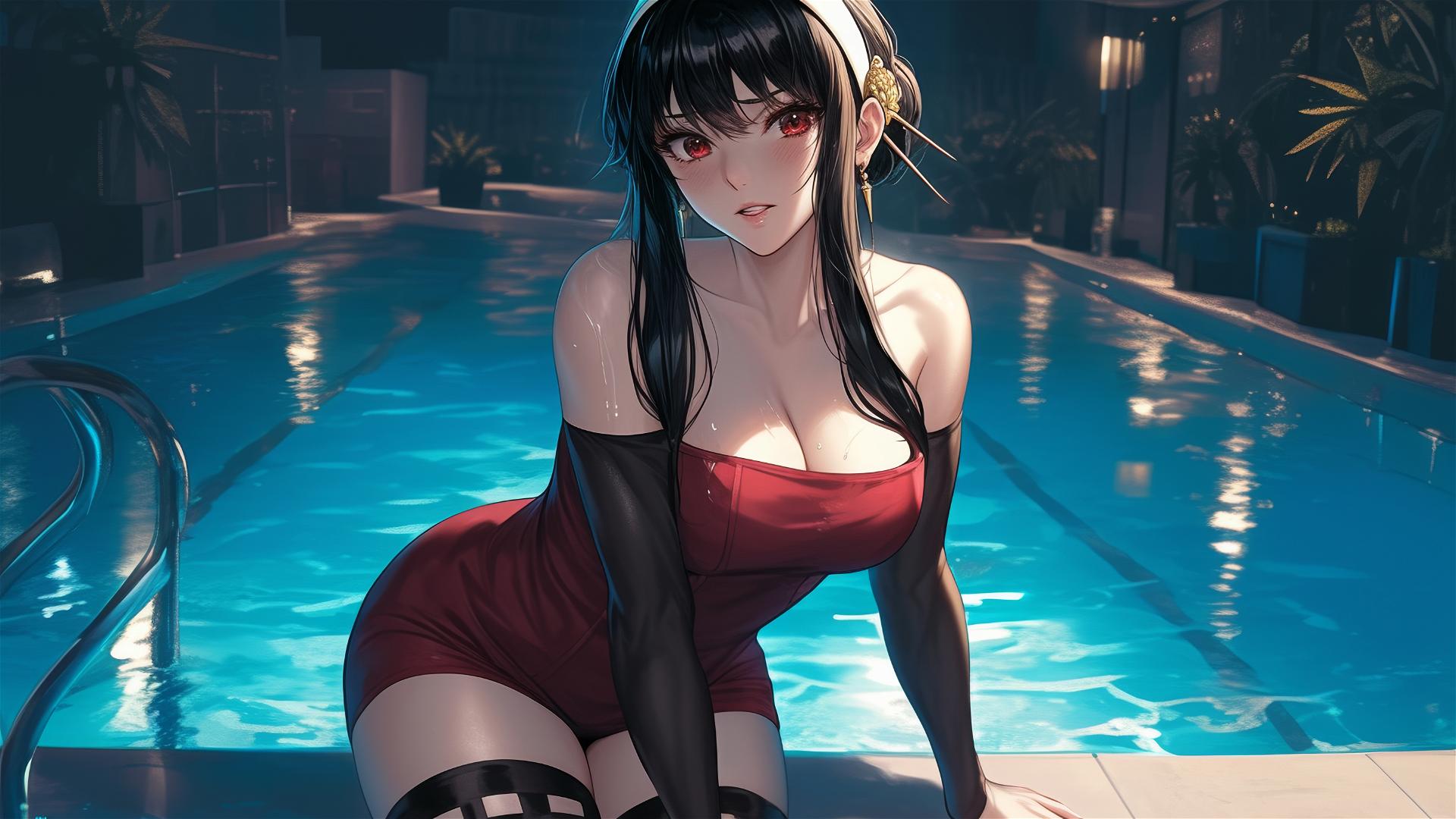 Yor Forger in bunny girl outfit standing in pool under moonlight