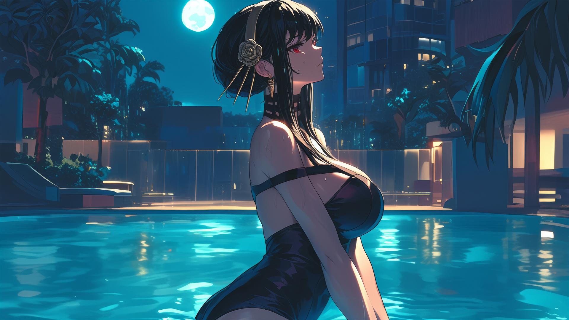 Yor Forger as bunny girl in pool under moonlight