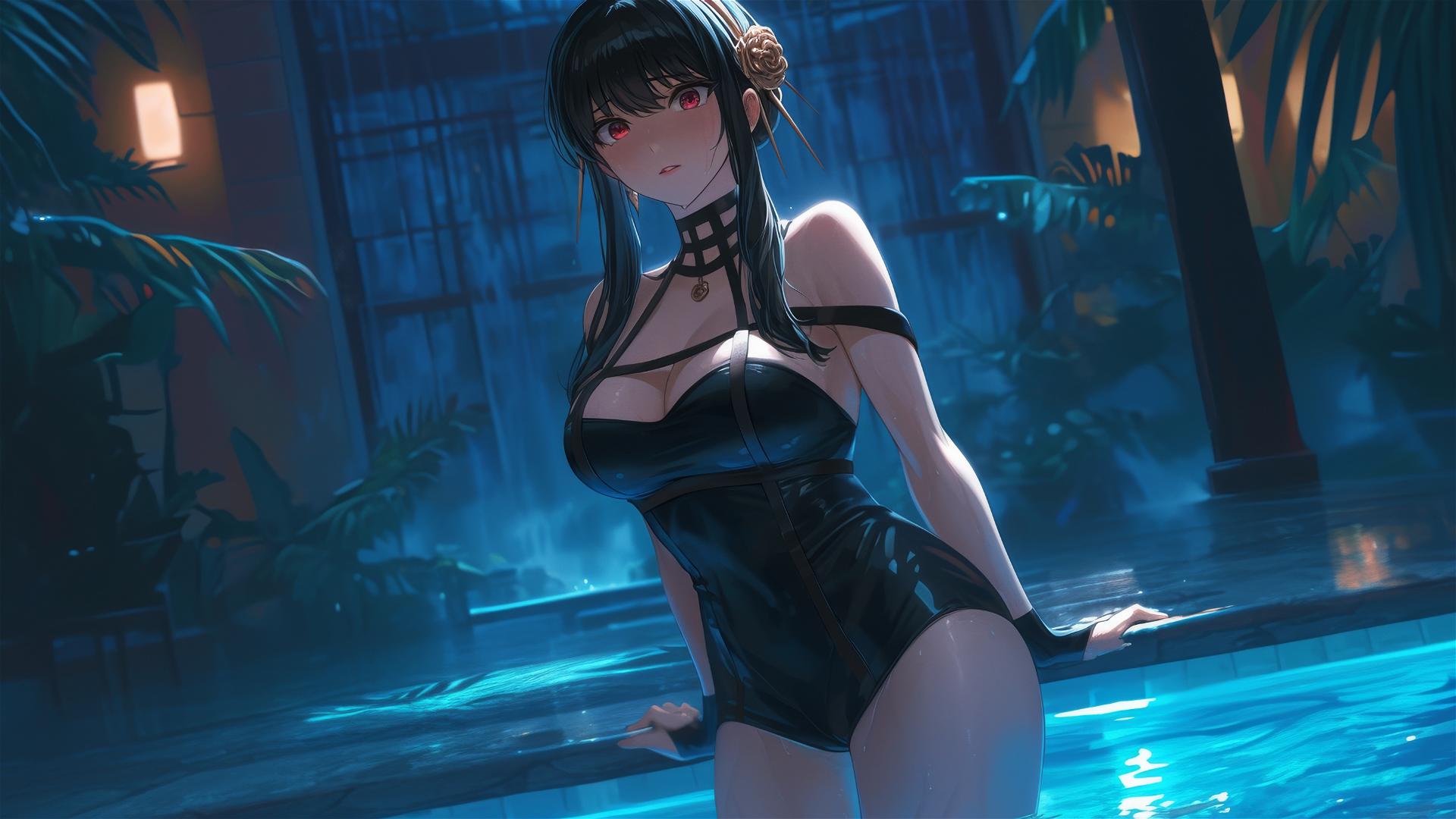 Yor Forger from Spy x Family in a bunny girl outfit standing in a pool under moonlight.