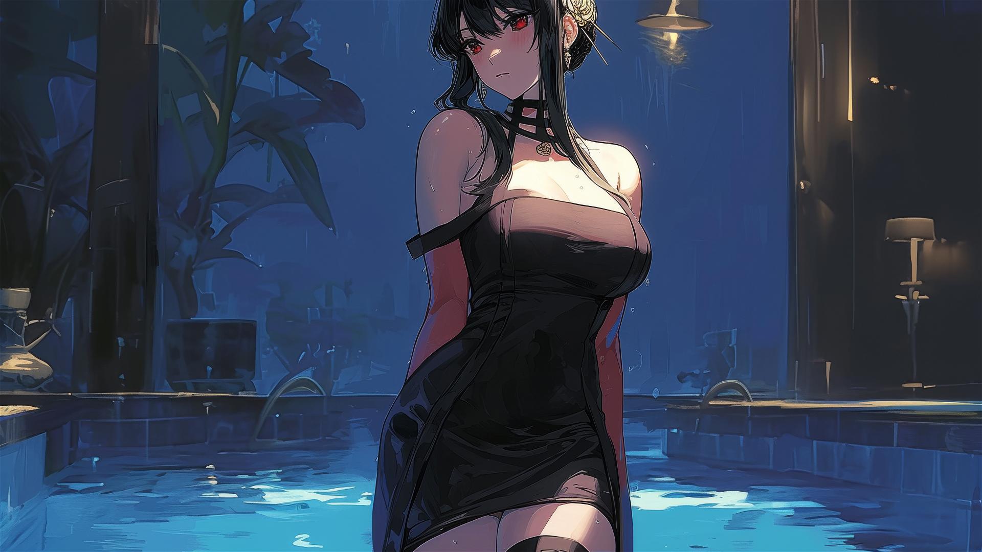 Yor Forger from Spy x Family standing in a pool under moonlight
