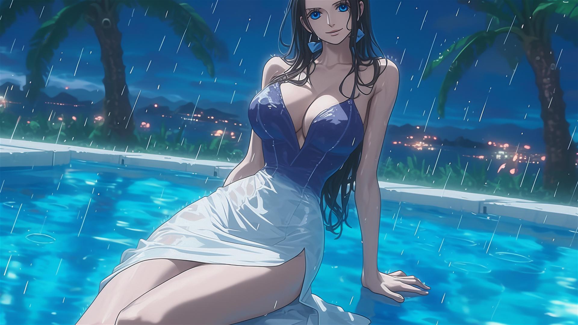 Nico Robin from One Piece resting by the pool with moonlight glow, rainy day, bunny girl pose, blue eyes, white dress