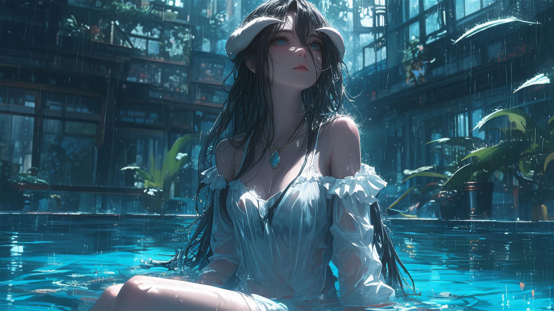 Albedo from Overlord in a pool on rainy day with moon glow