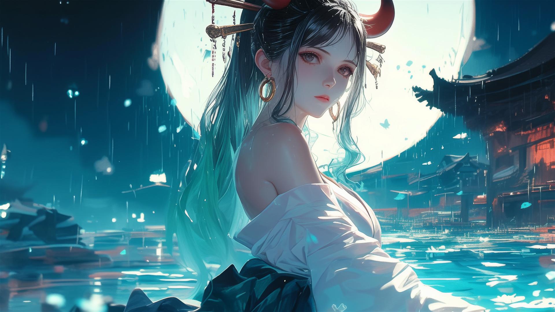 Yamato from One Piece in a rainy pool with moonlight glow