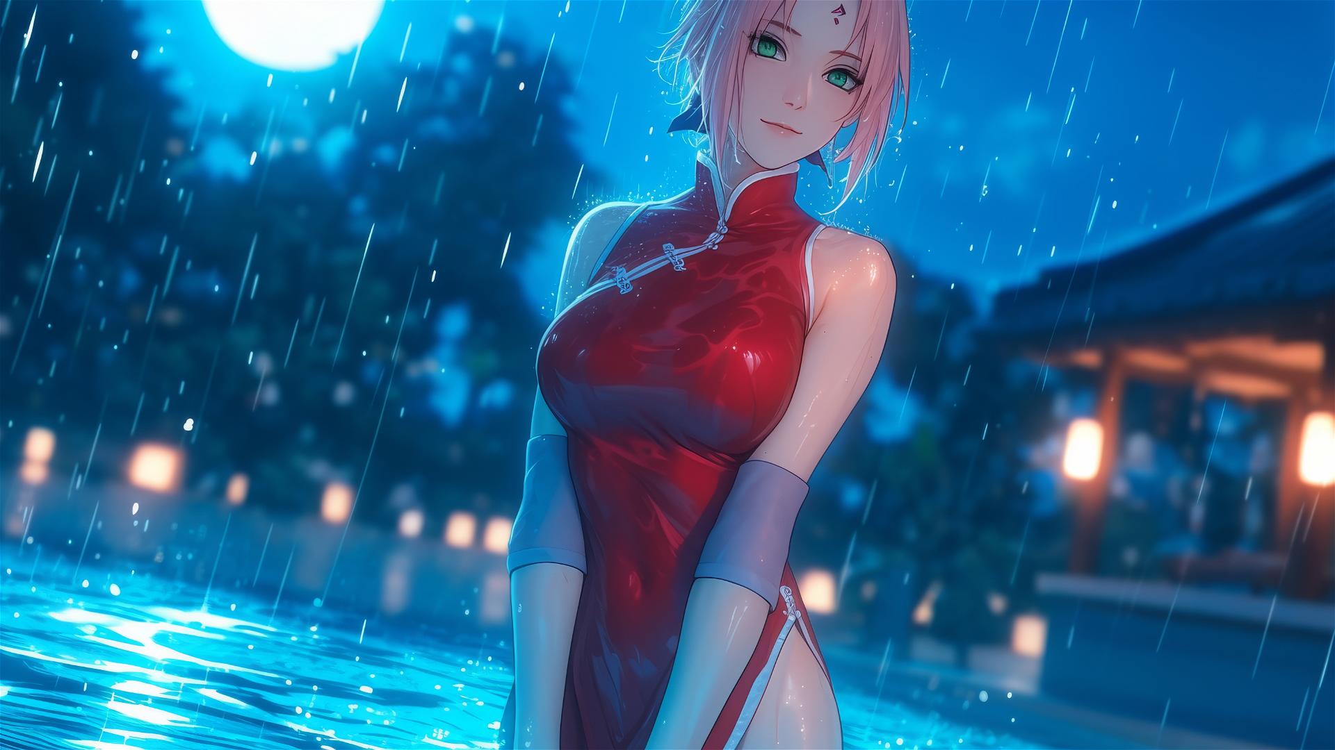 Haruno Sakura from Naruto standing in a pool under the moonlit rain, with short hair