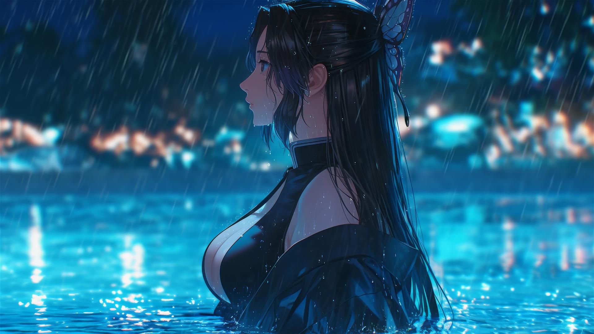 Shinobu Kocho from Demon Slayer in rainy pool with moon glow