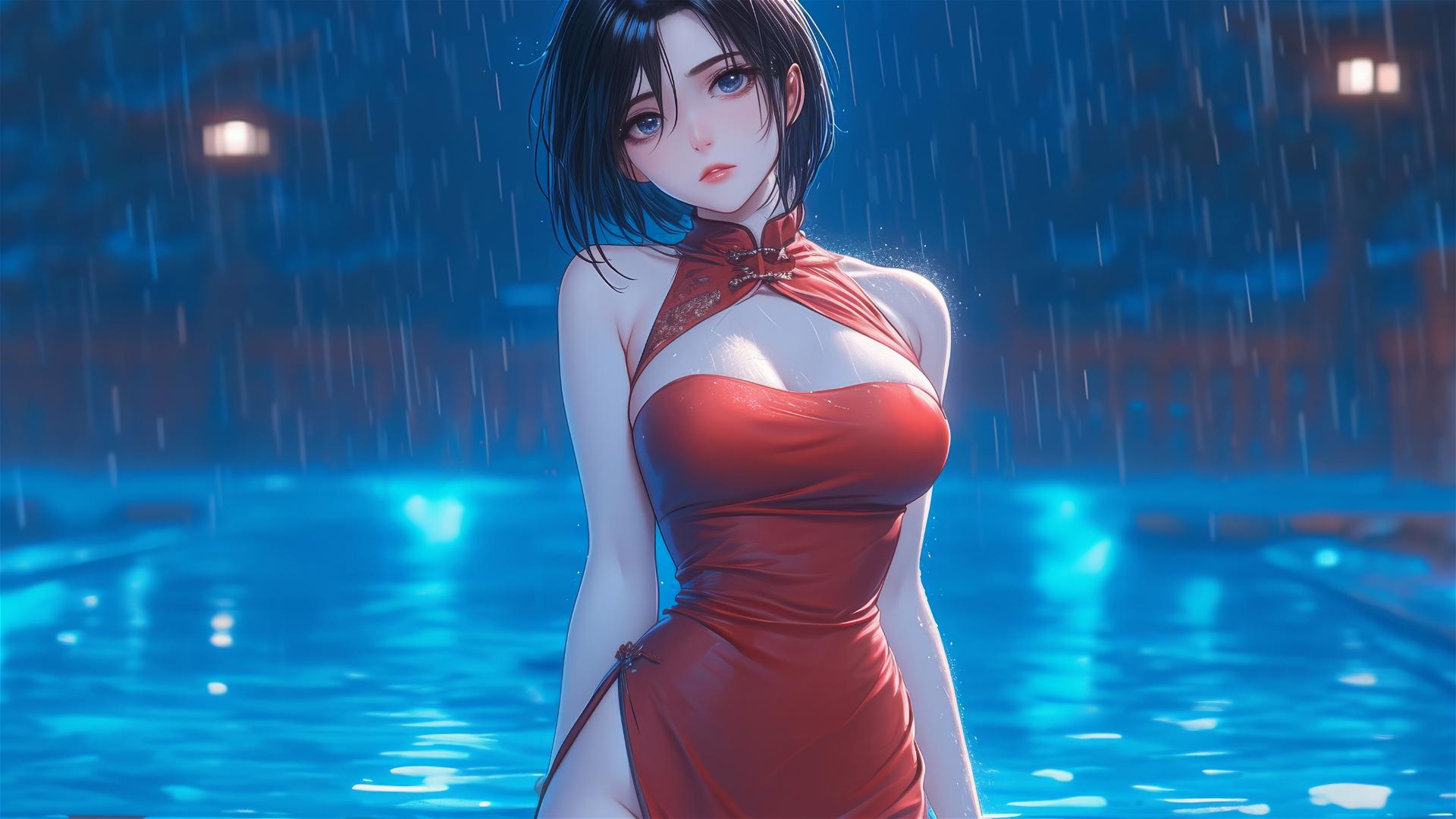 Mikasa Ackerman in red dress at rainy pool under moonlight