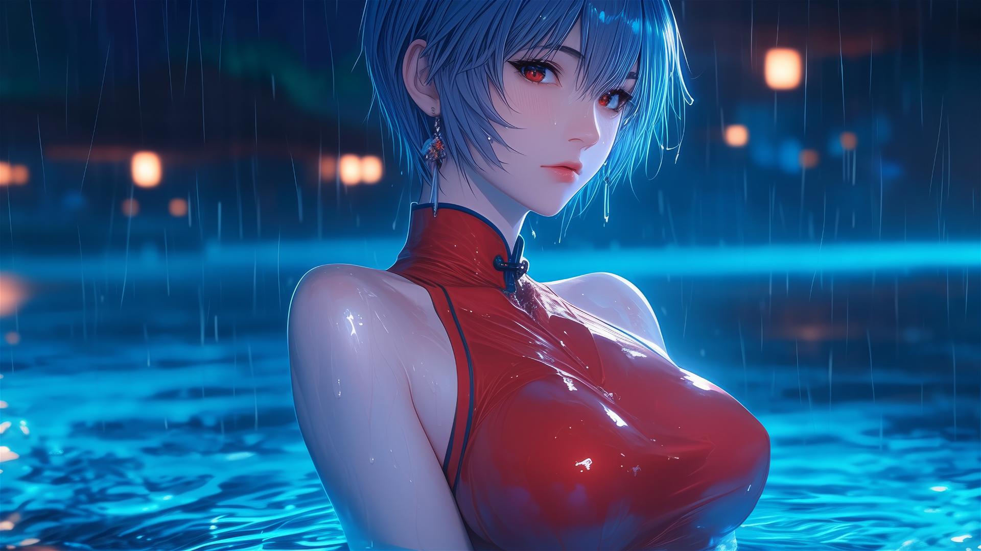 Rei Ayanami in red shirt stands in a rainy pool under moonlight