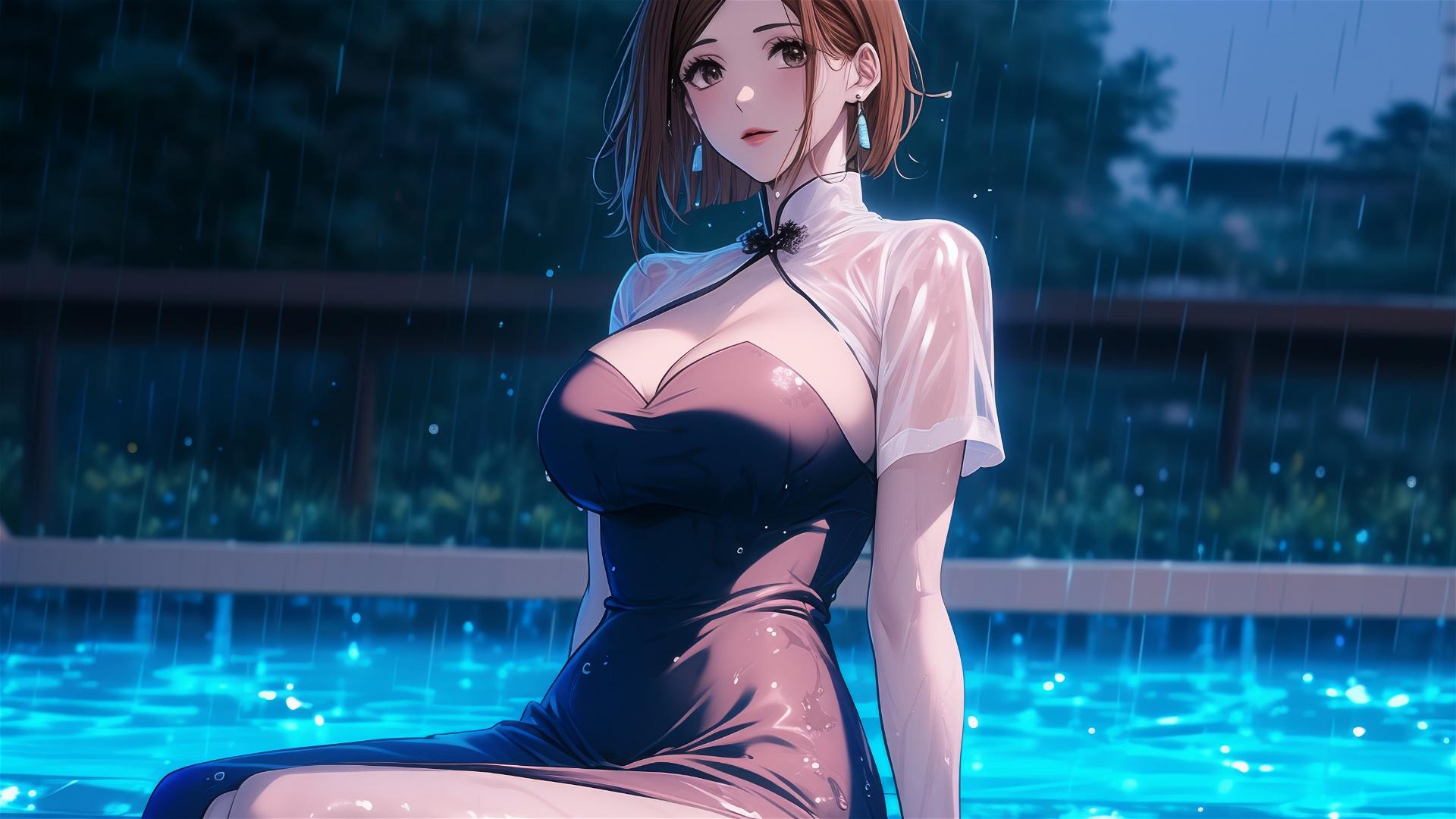Nobara Kugisaki from Jujutsu Kaisen resting by a pool in moonlight