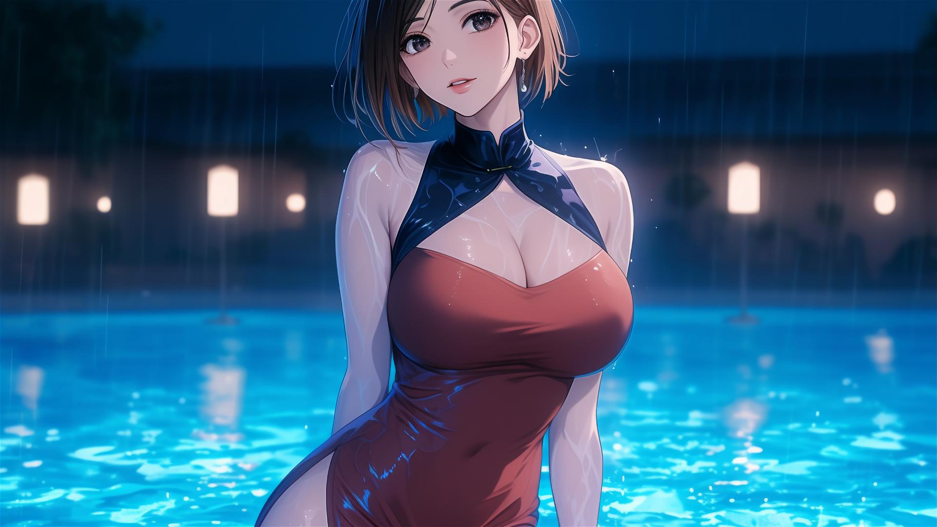 Nobara Kugisaki from Jujutsu Kaisen resting by a pool in the rain with moonlight on her
