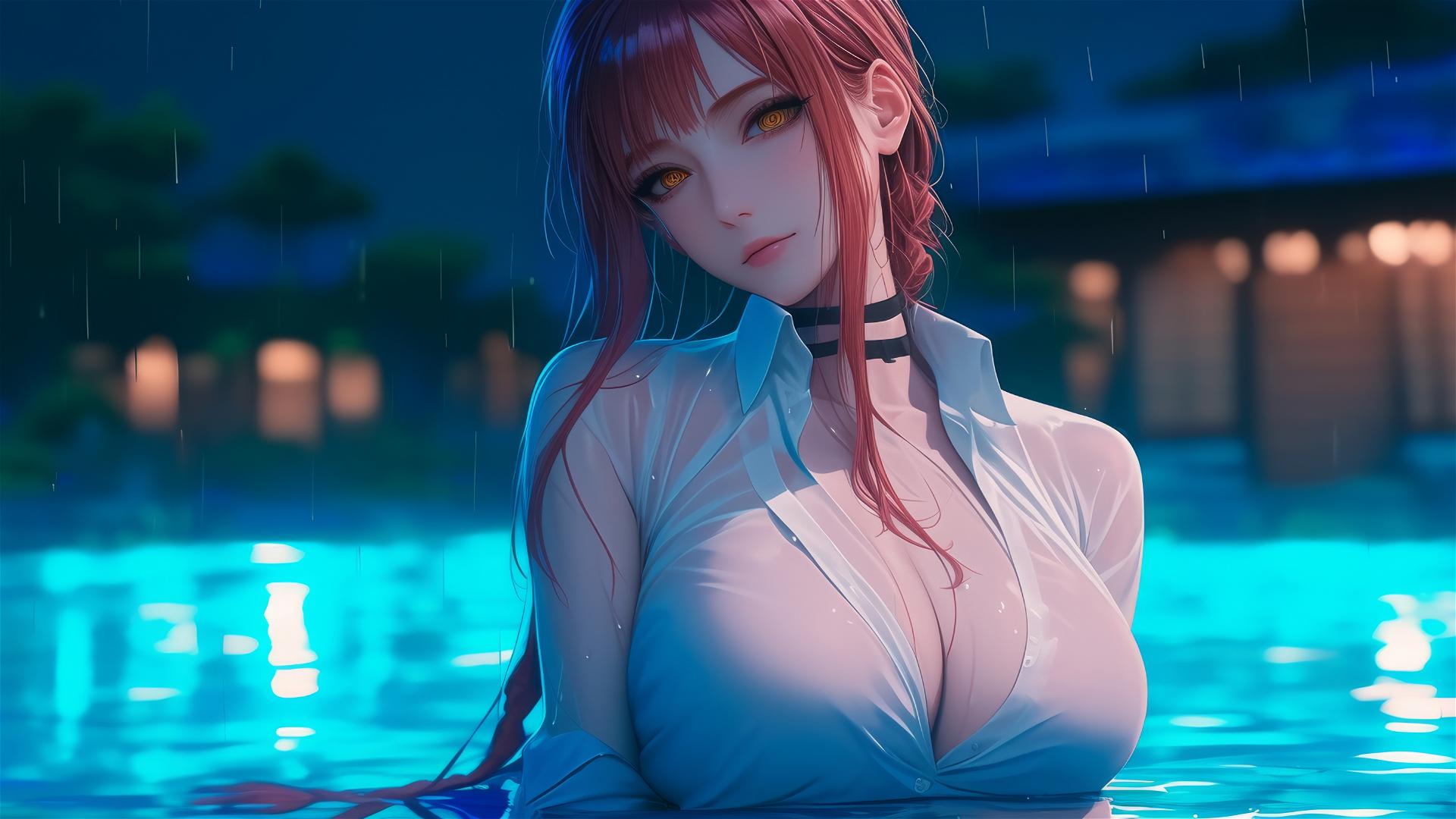Makima from Chainsaw Man resting by a rainy pool under moonlight, pink dress, blond-red hair
