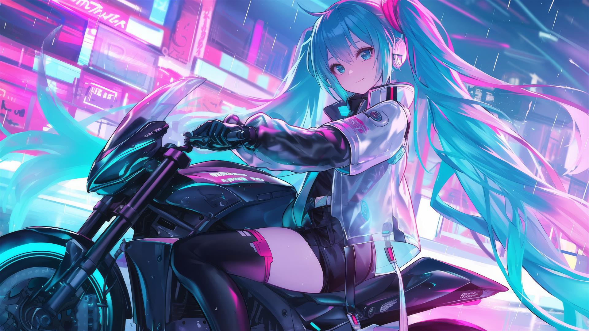 Hatsune Miku in a futuristic racer outfit leaning against a high-speed hoverbike under neon lights