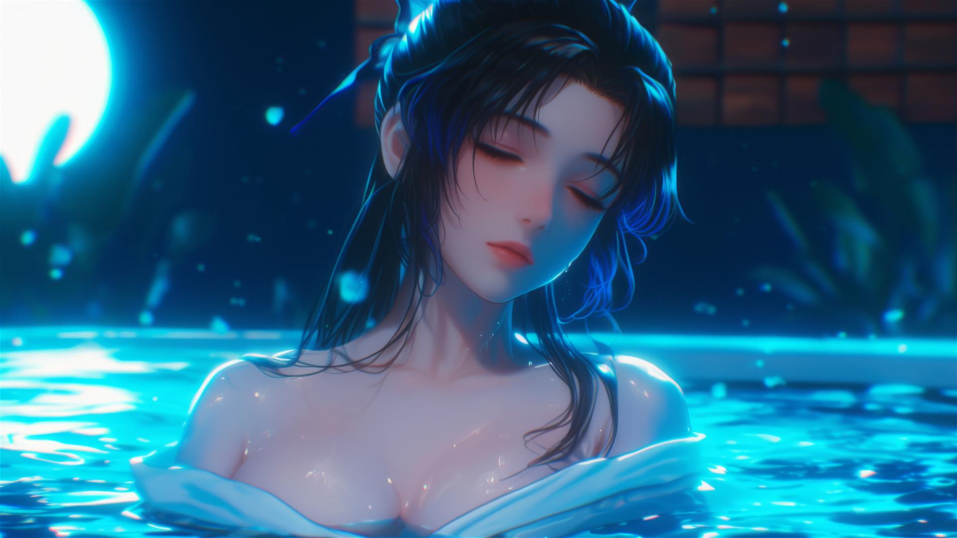 Shinobu Kocho resting in a moonlit bathtub