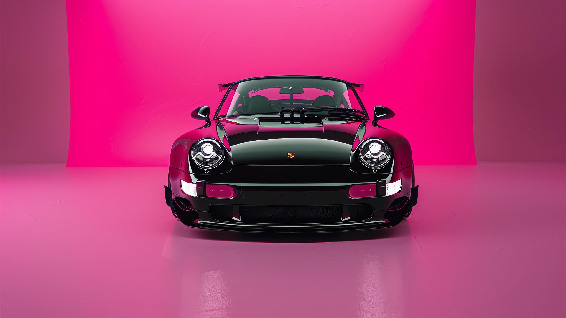 Black Porsche 993 Turbo with a Widebody kit by RWB on a futuristic pink background