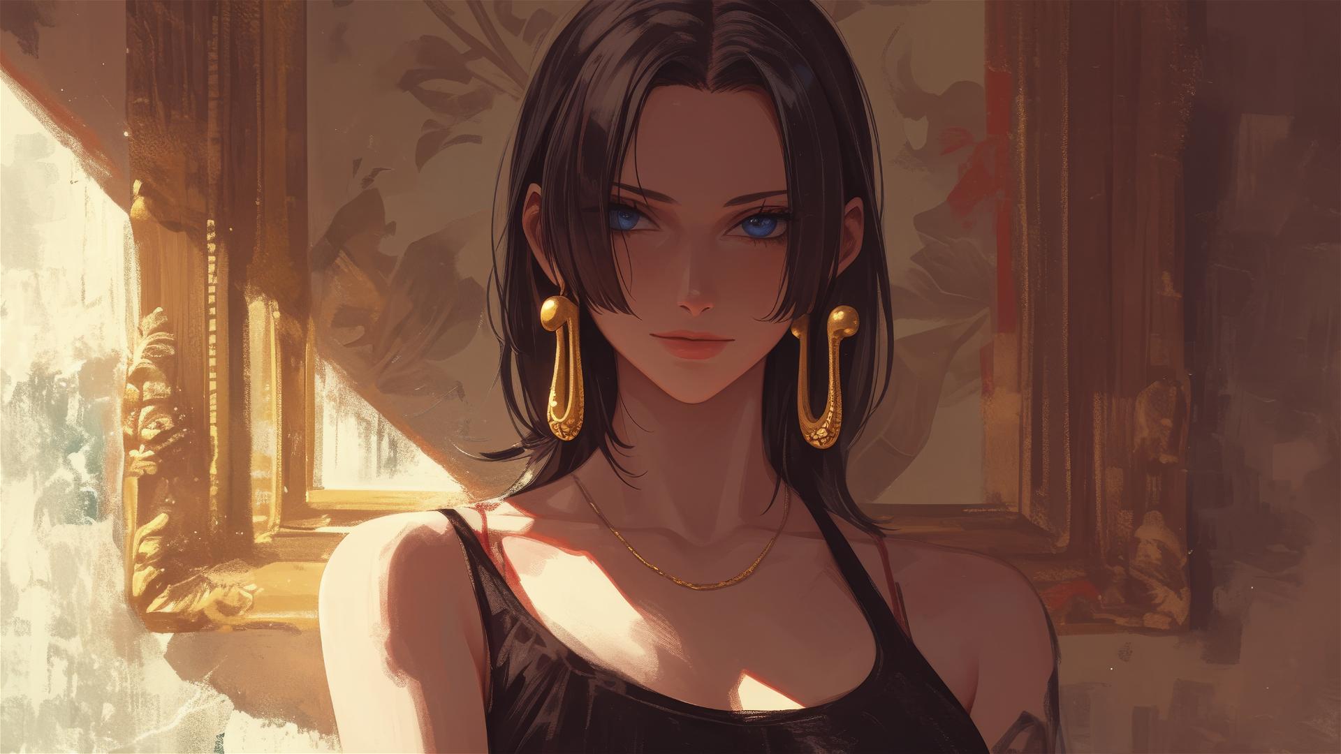 Boa Hancock from One Piece in an art gallery under soft lights