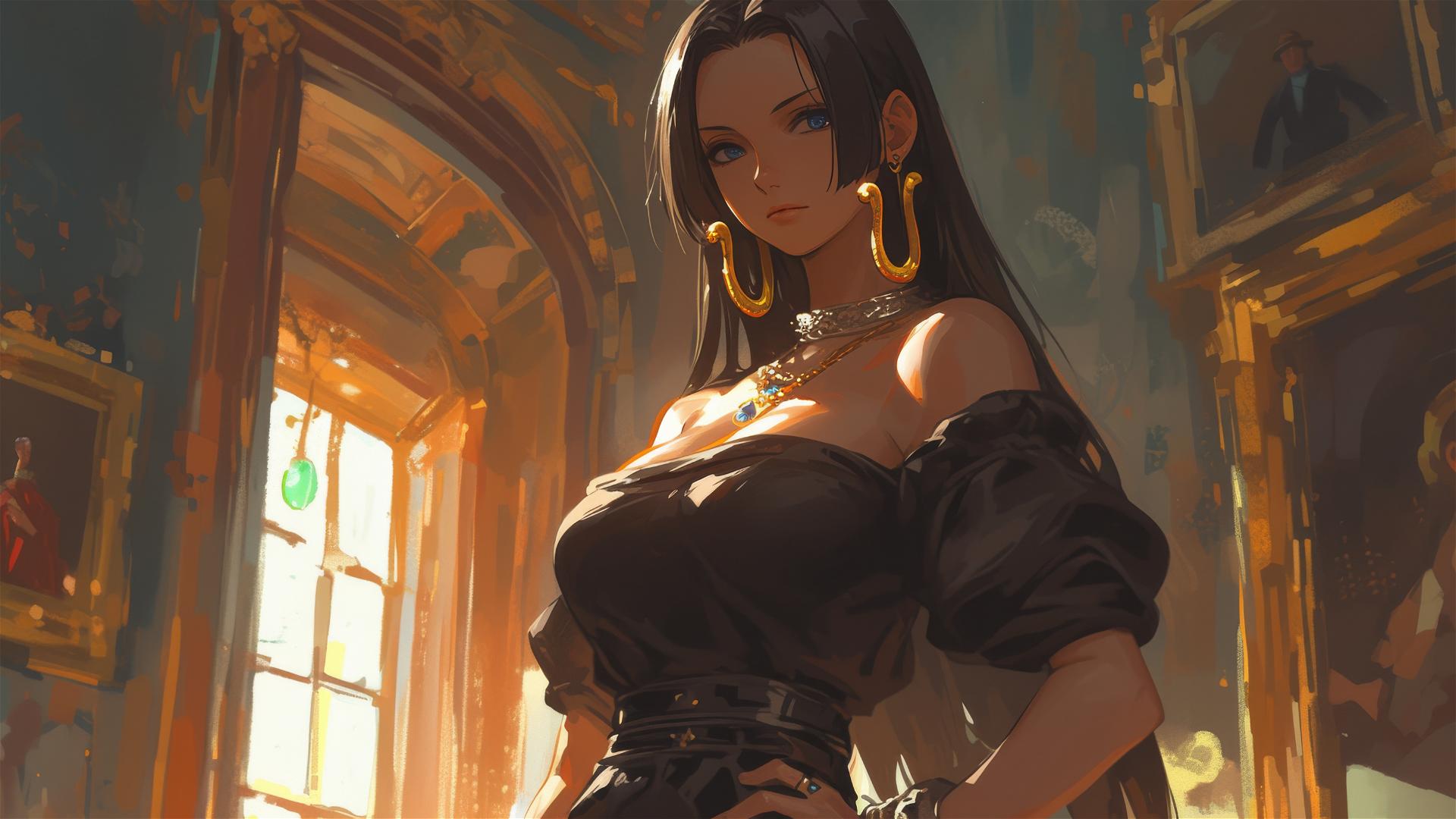 Boa Hancock wandering through an art gallery under soft lights