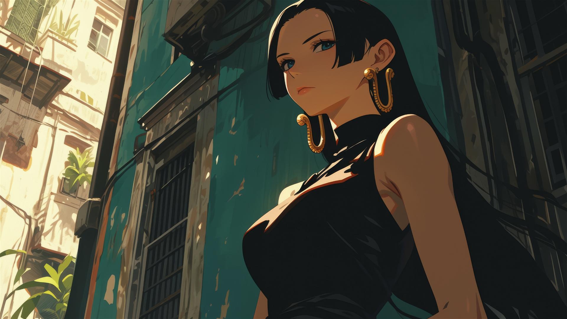 Boa Hancock from One Piece wandering through an art gallery under soft lights