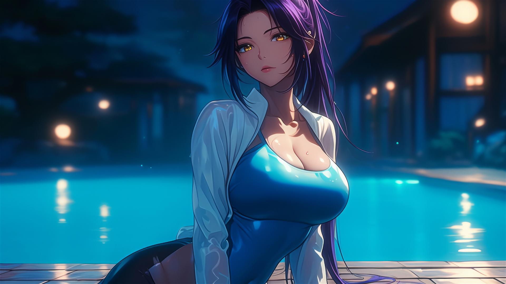 Yoruichi Shihouin resting by the pool under moonlight, golden eyes, long purple ponytail