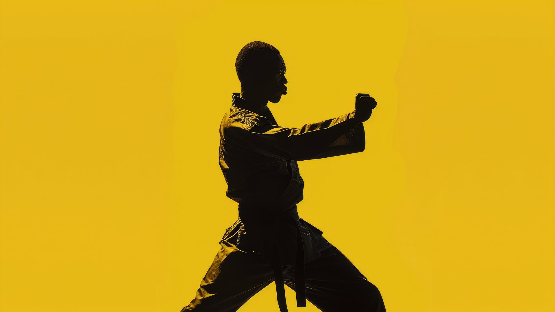 1970s-era Black martial artist silhouette on yellow background