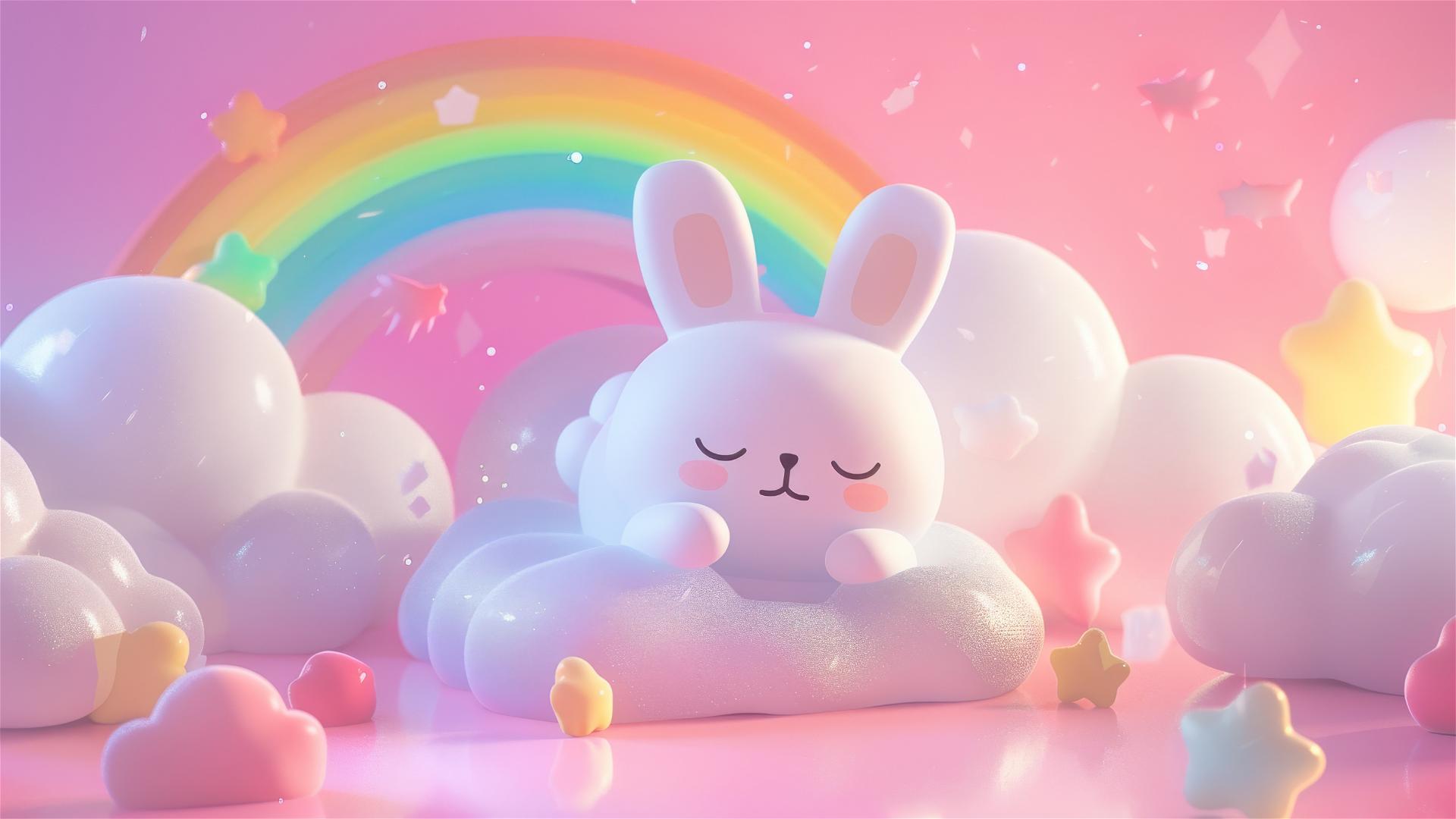 3D cartoon of Miffy bunny on pastel rainbow clouds