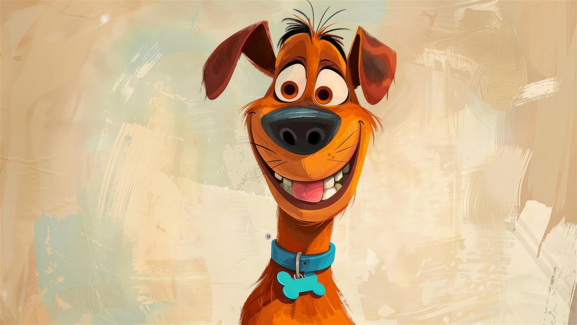 Happy dog with big nose, long face, blue collar, orange fur, Tim Burton Pixar style.