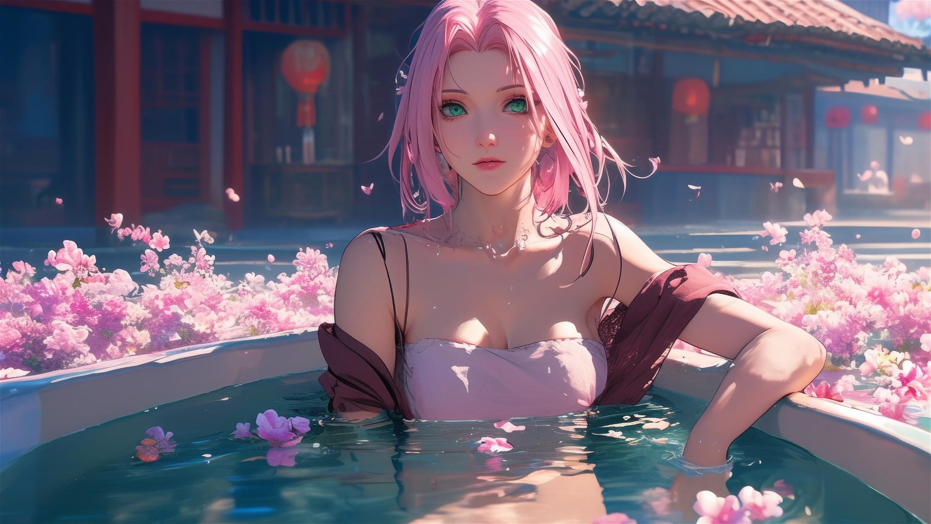 Sakura Haruno from Naruto in a floral tub inside a Chinese spa