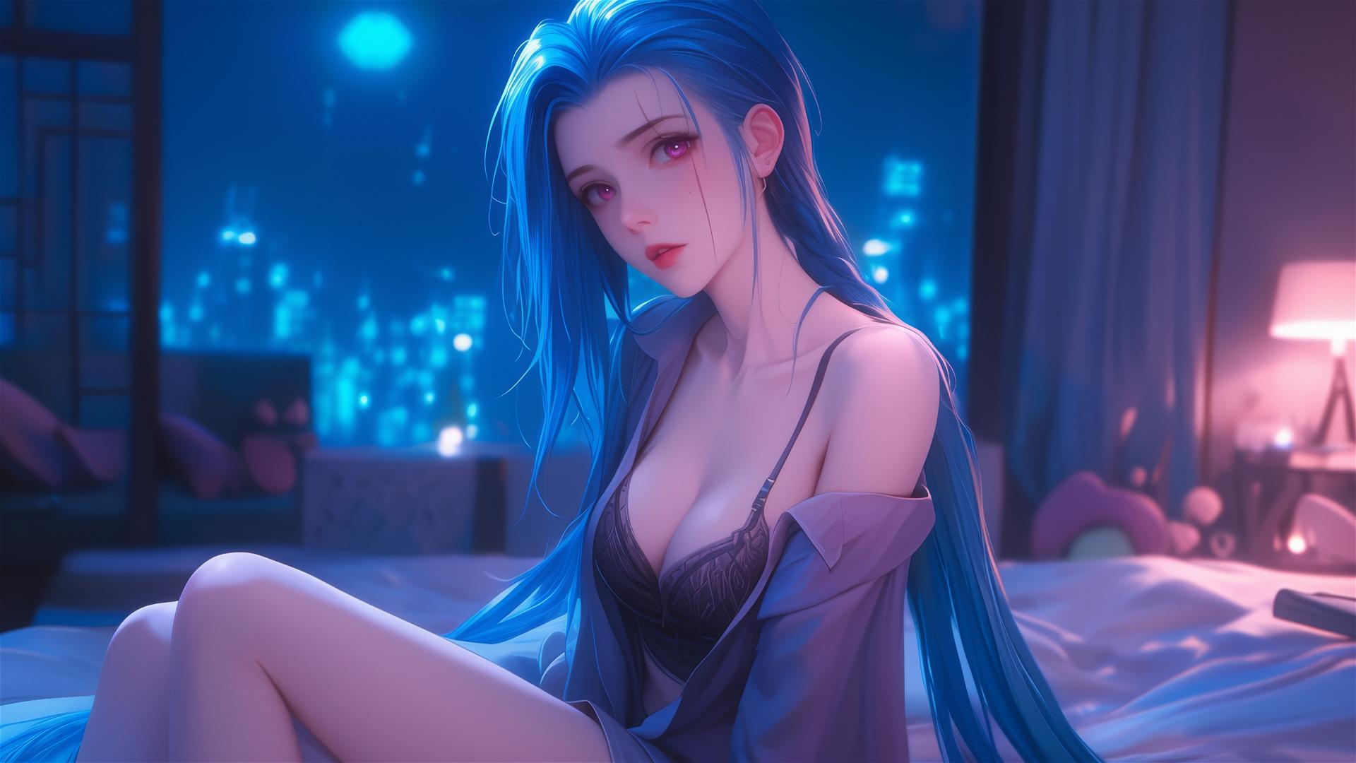 Jinx from League of Legends sitting in an apartment with moonlight, pink eyes, blue hair, silk pajamas.