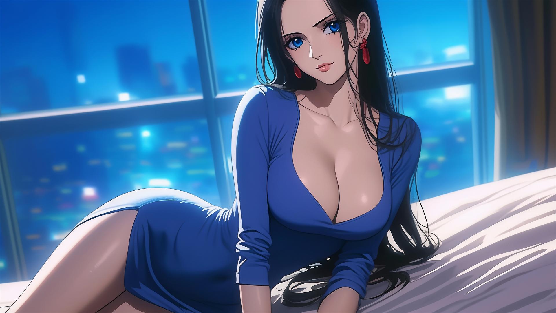 Nico Robin resting in a modern hotel room with moonlight glow