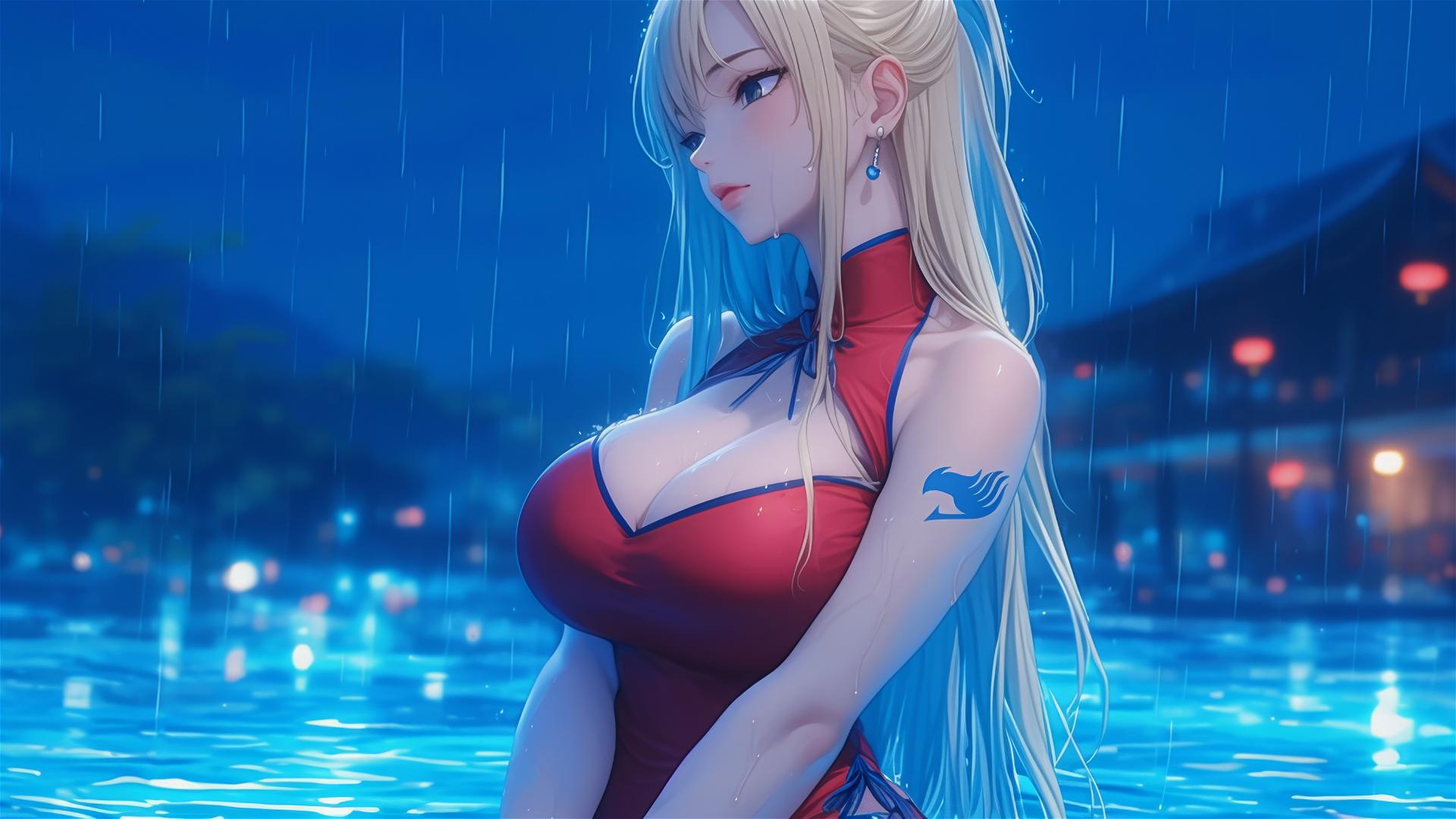 Lucy Heartfilia from Fairy Tail resting at a rain-soaked swimming pool under moonlight in a red dress.