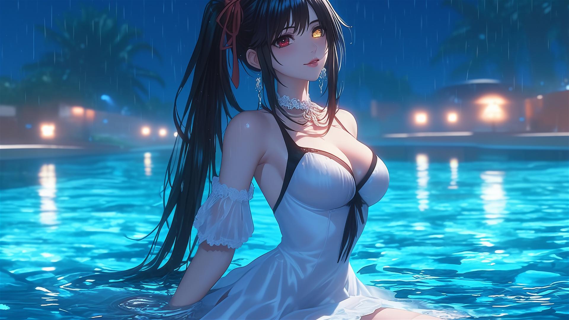 Kurumi Tokisaki from Date A Live in a rainy swimming pool, illuminated by moonlight