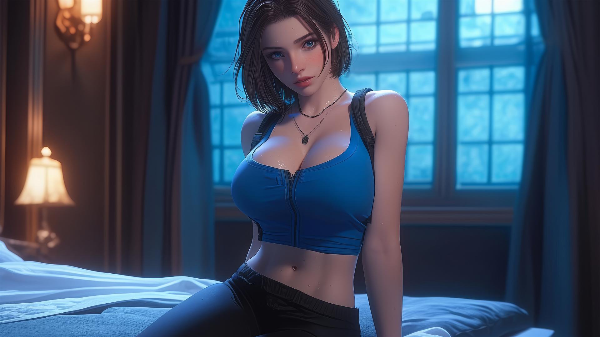 Jill Valentine panting heavily in a modern hotel room, drenched in sweat