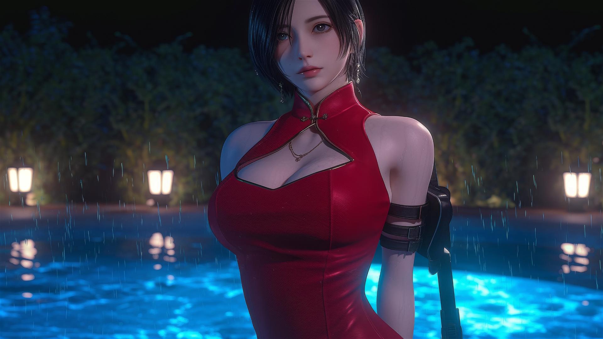 Ada Wong standing in a rainy swimming pool with moonlight glow