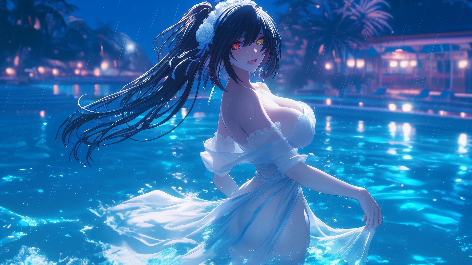 Kurumi Tokisaki in a white dress under moonlight in a rainy pool, with one red and one yellow eye