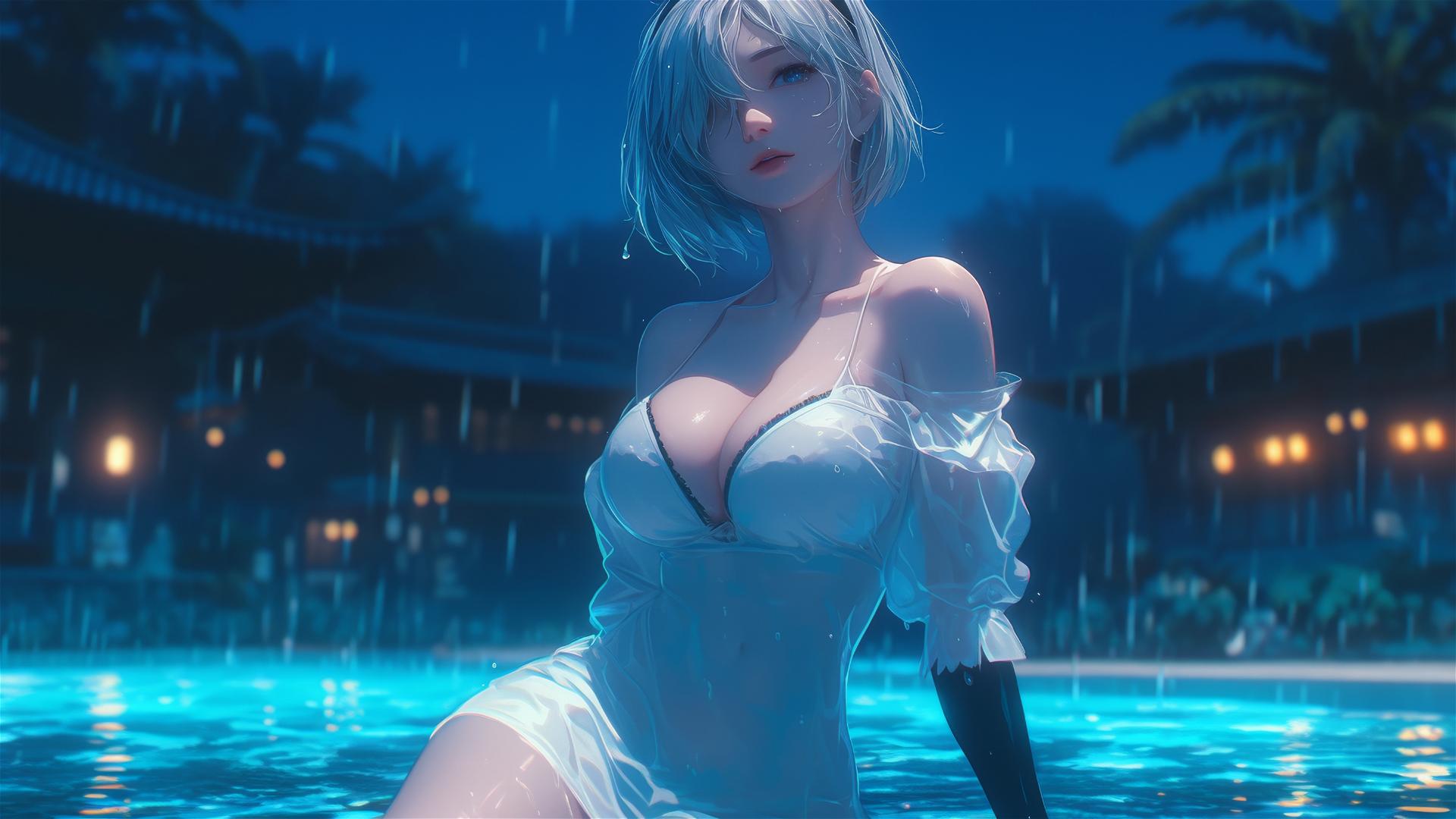 2B from Nier in white, resting at a moonlit rainy pool