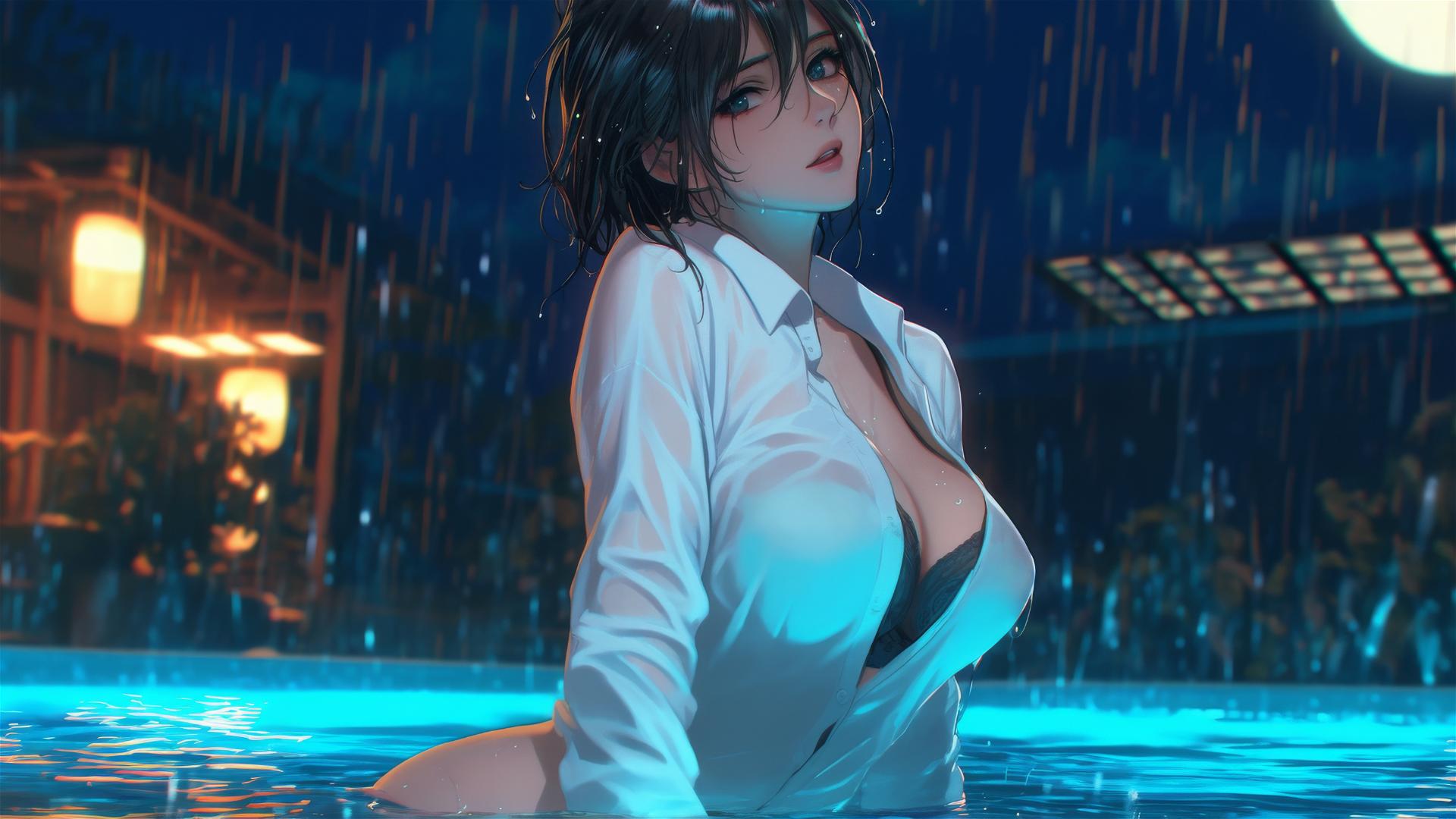 Mikasa Ackerman in a white office shirt jumping out of a rainy pool, moonlit.
