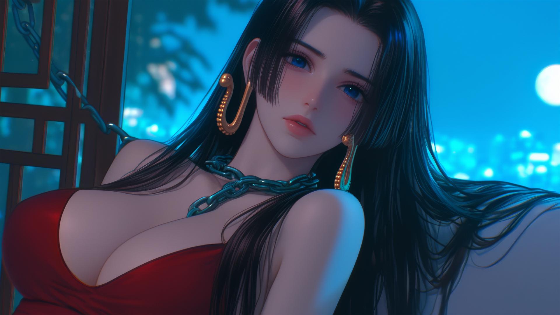 High angle view of Boa Hancock from One Piece, neck locked with thick iron chains, wearing red, in a modern hotel room, illuminated by moonlight.