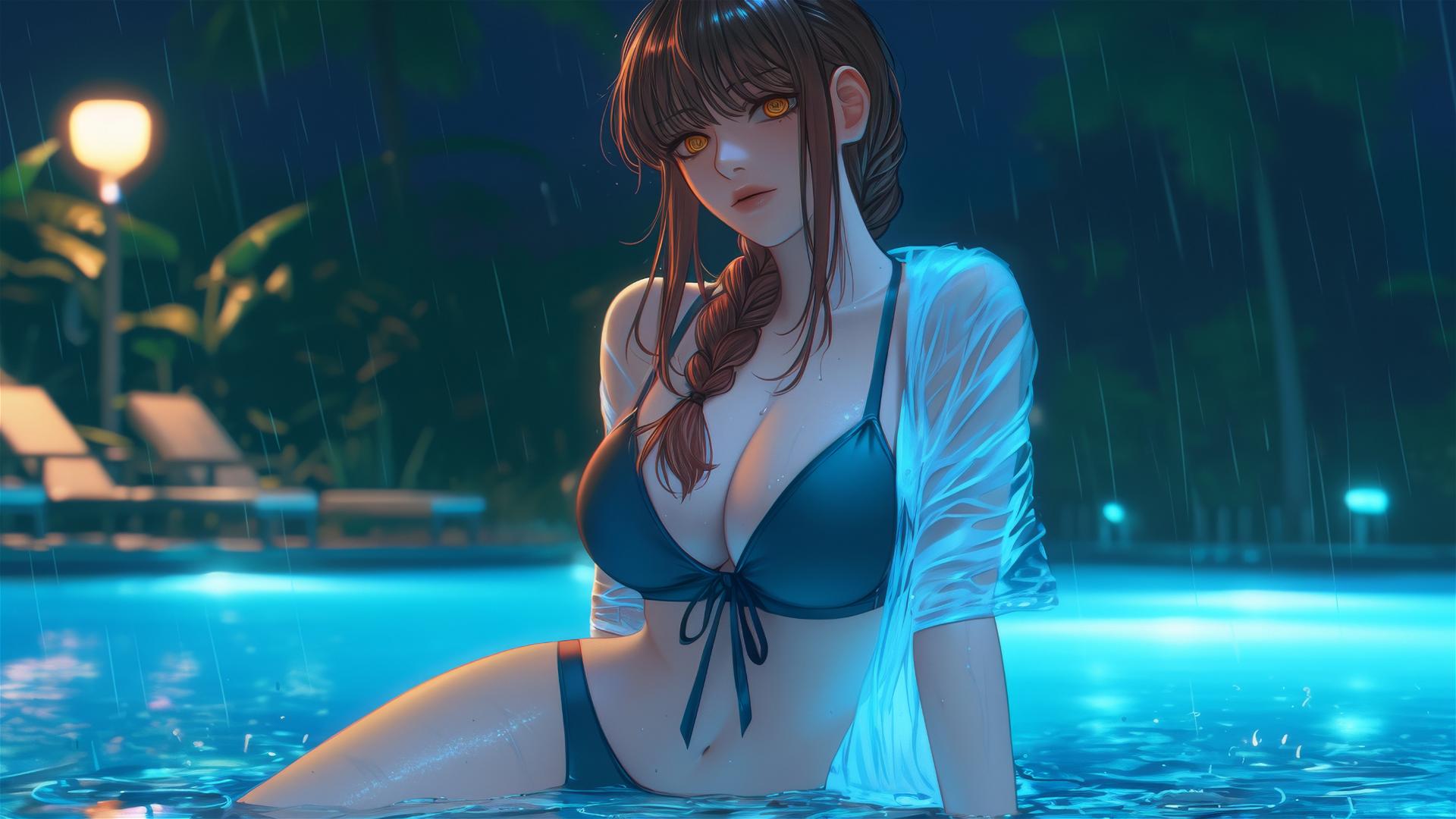 Makima from Chainsaw Man resting by a rainy swimming pool, moonlight casting glow