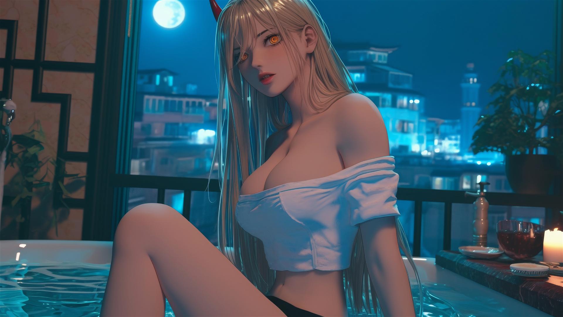 Power from Chainsaw Man in a tub with blonde hair, red horns, and yellow eyes under moonlight.